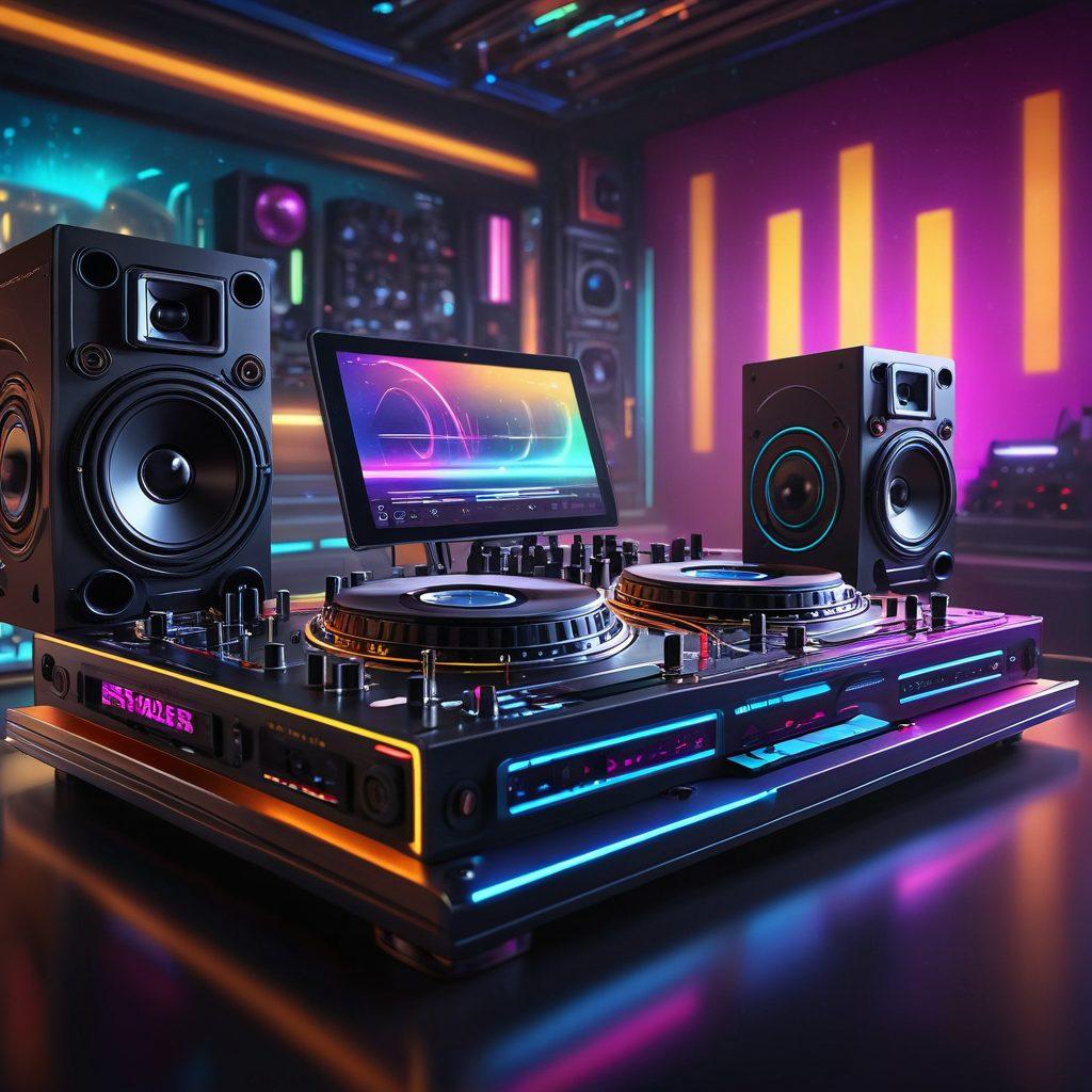 A DJ in a futuristic studio surrounded by high-tech equipment, vinyl records, and colorful soundwaves. The DJ spins records while digital equalizers and vibrant beats pulsate around the room, capturing the energetic atmosphere of music streaming. Include a mix of classic records and modern digital gear. super-realistic. vibrant colors. 3D.