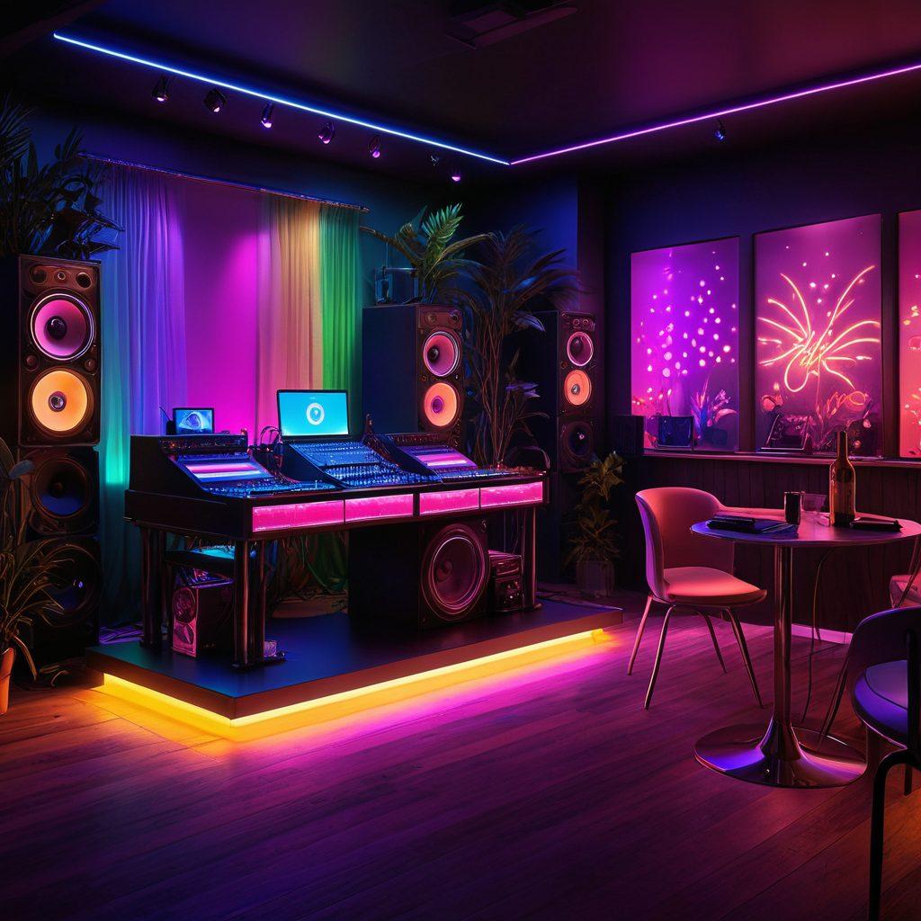 A dynamic scene blending a vibrant nightclub with a cozy home studio setup, featuring a DJ mixing deck seamlessly transitioning from a bustling dance floor to a serene, personal workspace. Include vibrant lighting and energetic party-goers on one side, with personal speakers, laptops, and comfortable seating on the other. super-realistic. vibrant colors.