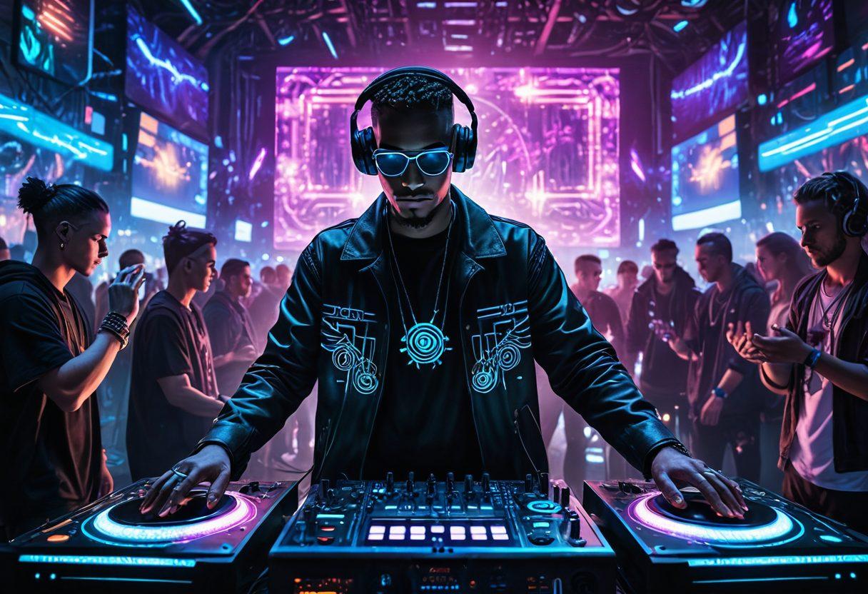 A vibrant image of a DJ in front of an elaborate digital setup with turntables, colorful waveforms on screens, and a mystical glow surrounding the equipment. The DJ appears to be casting a spell, with musical notes and magic symbols flowing through the air. A lively crowd is dancing under colorful, pulsing lights. cyberpunk. vibrant colors. dynamic. 3D.